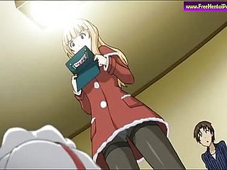 Pirang pakaian merah di anime adegan porno